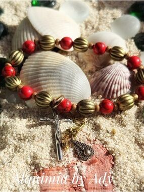 AMERICANA Red and Gold Rosary-Style Beaded Bracelet with Cross Charm